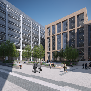 CGI of new courtyard in Pilgrim Place development with multiple trees and outdoor seating areas.