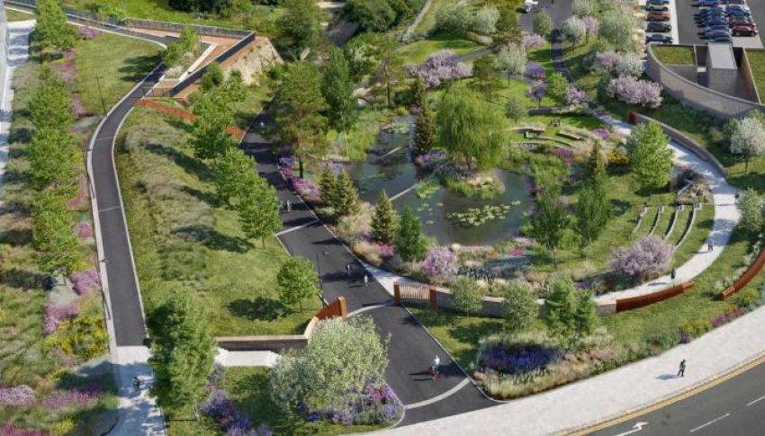 CGI of Riverside Parkway scheme which has lots of green space with grass and trees and public realm surrounded by the nearby roads.