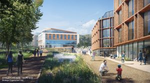 CGI impression of the Aykley Heads development with a grassy waterfall flowing through the middle and brick and glass fronted buildings to the right.