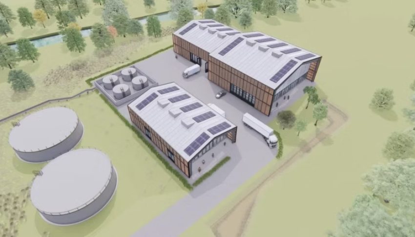 CGI of Weardale Lithium extraction plant. There are two large buildings next to each other with two smaller round extractors to the left.