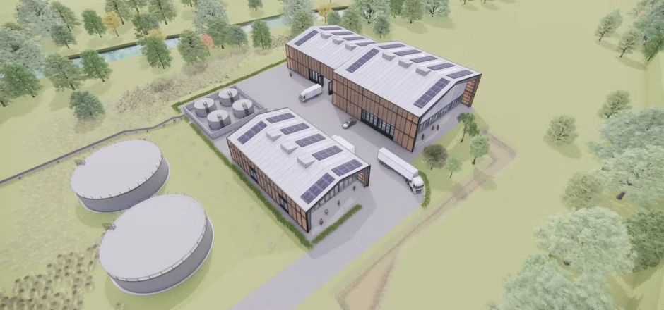 CGI of Weardale Lithium extraction plant. There are two large buildings next to each other with two smaller round extractors to the left.