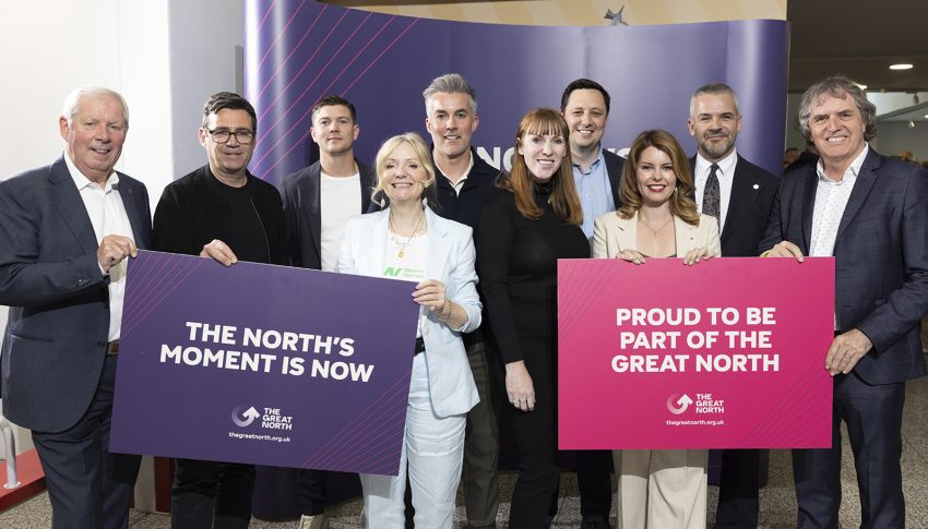 All Northern Mayors stood with banners and with Angela Rayner for press shot.