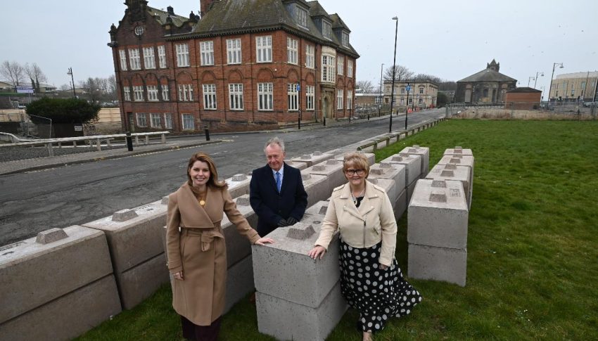 L-R North East Mayor Kim McGuinness, Dr Malcolm Grady, Chair of Governors, Tyne Coast College; Cllr Tracey Dixon, Leader of South Tyneside Council outside of a building in South Tyneside