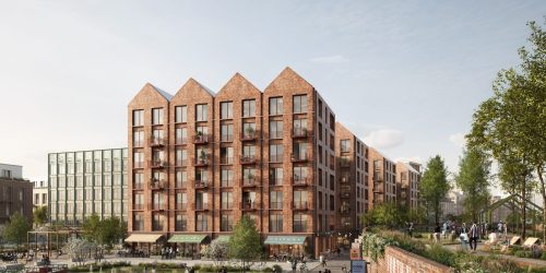 CGI interpretation of Forth Yards with flats dominating the image and a high-line style park to the right above a piazza.