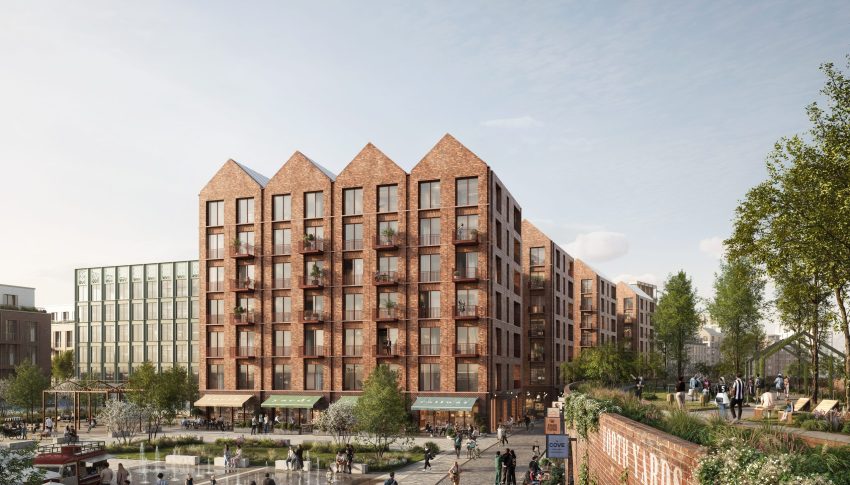 CGI interpretation of Forth Yards with flats dominating the image and a high-line style park to the right above a piazza.