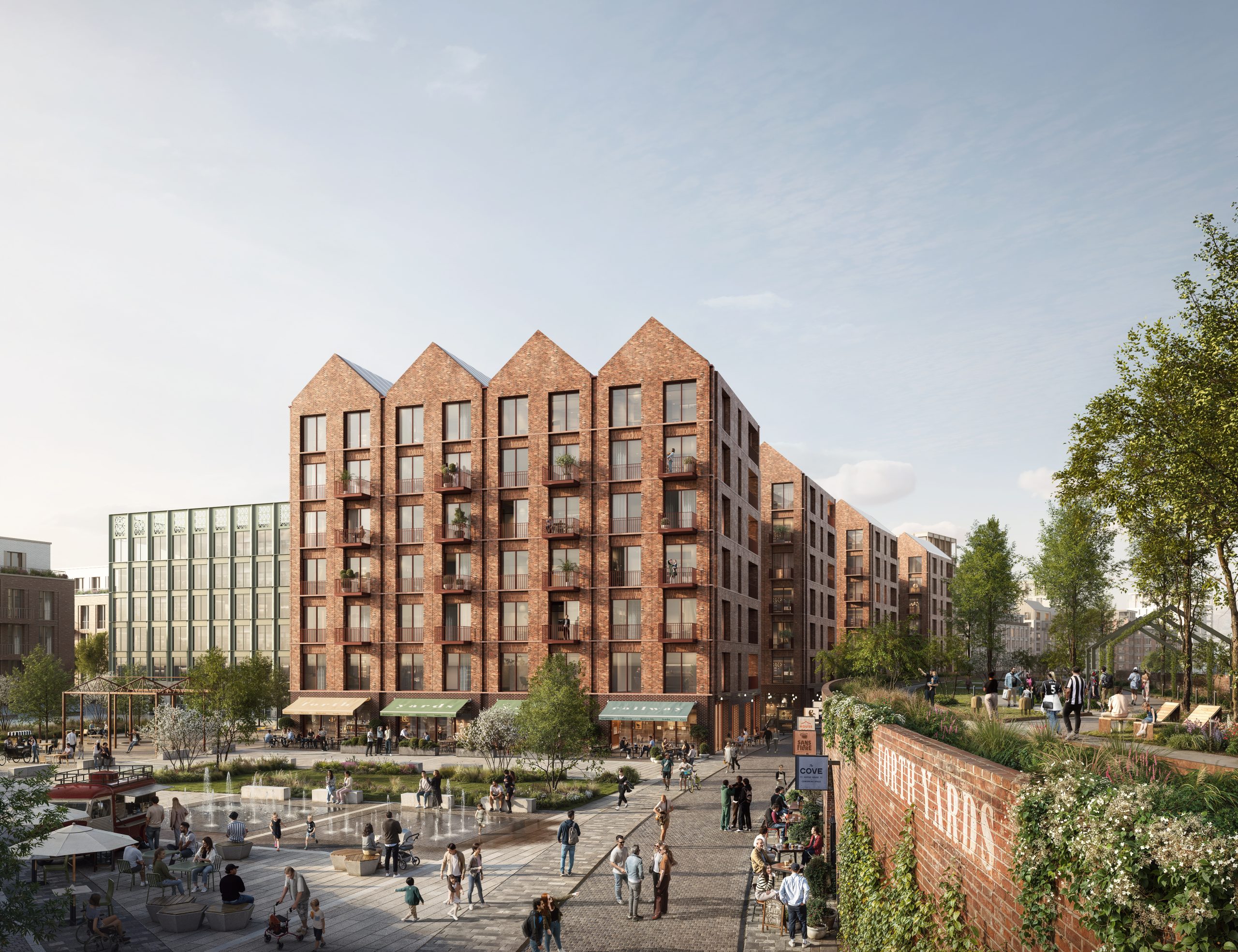 CGI interpretation of Forth Yards with flats dominating the image and a high-line style park to the right above a piazza.